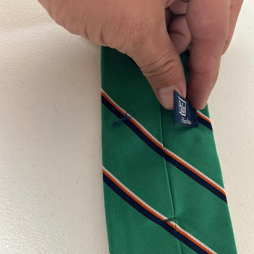 Polo Ralph Lauren Necktie Mens Green Striped Silk Hand Made Italy 59.5